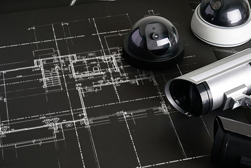 Panel de control de seguridad electrónica con cámaras y alarmas integradas